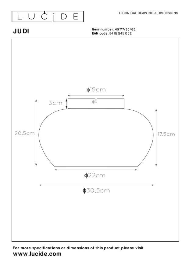 Schéma technique coté du plafonnier avec dimensions, diamètres et hauteurs.