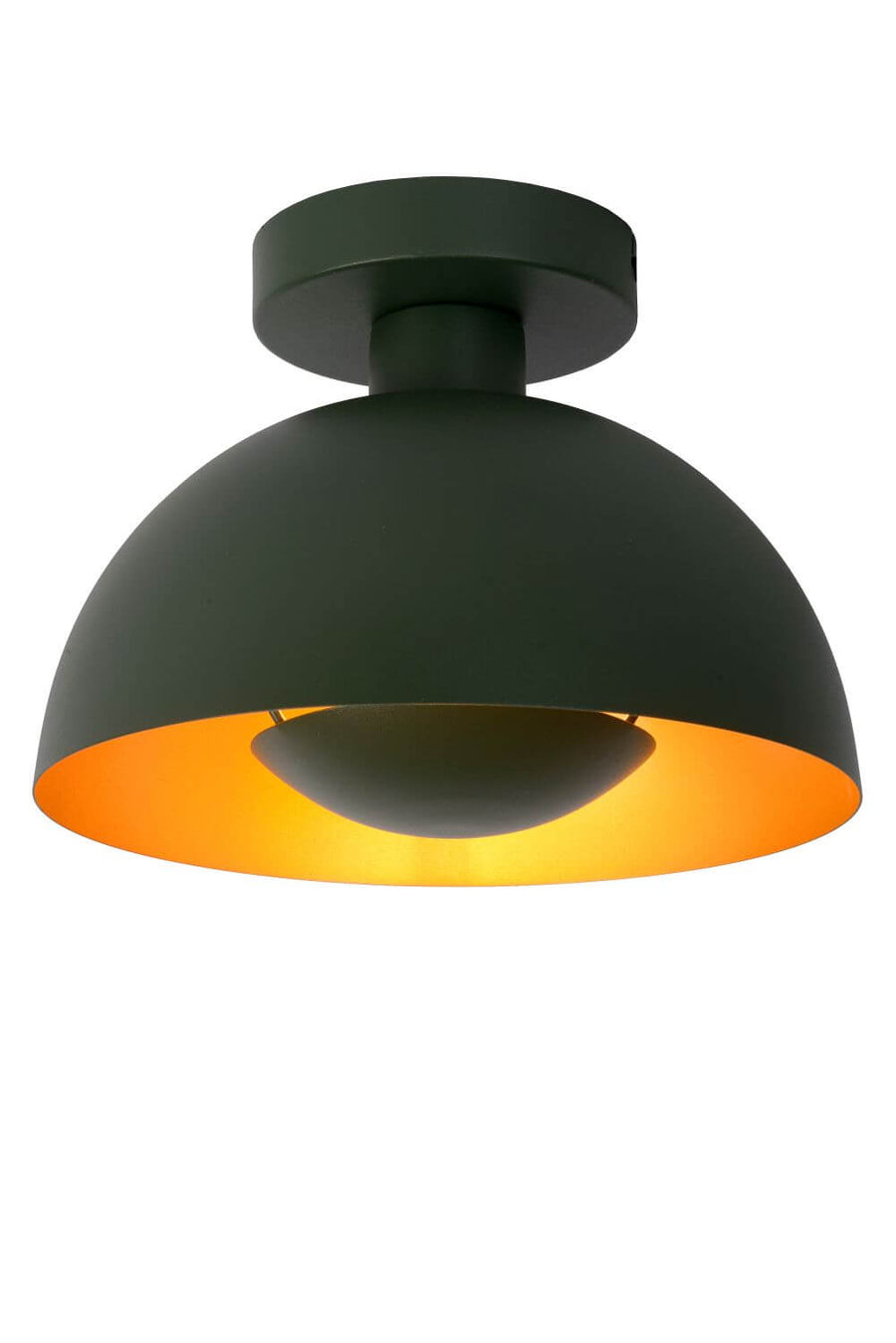 Plafonnier vert foncé de face, abat-jour semi-sphérique et intérieur doré réfléchissant.