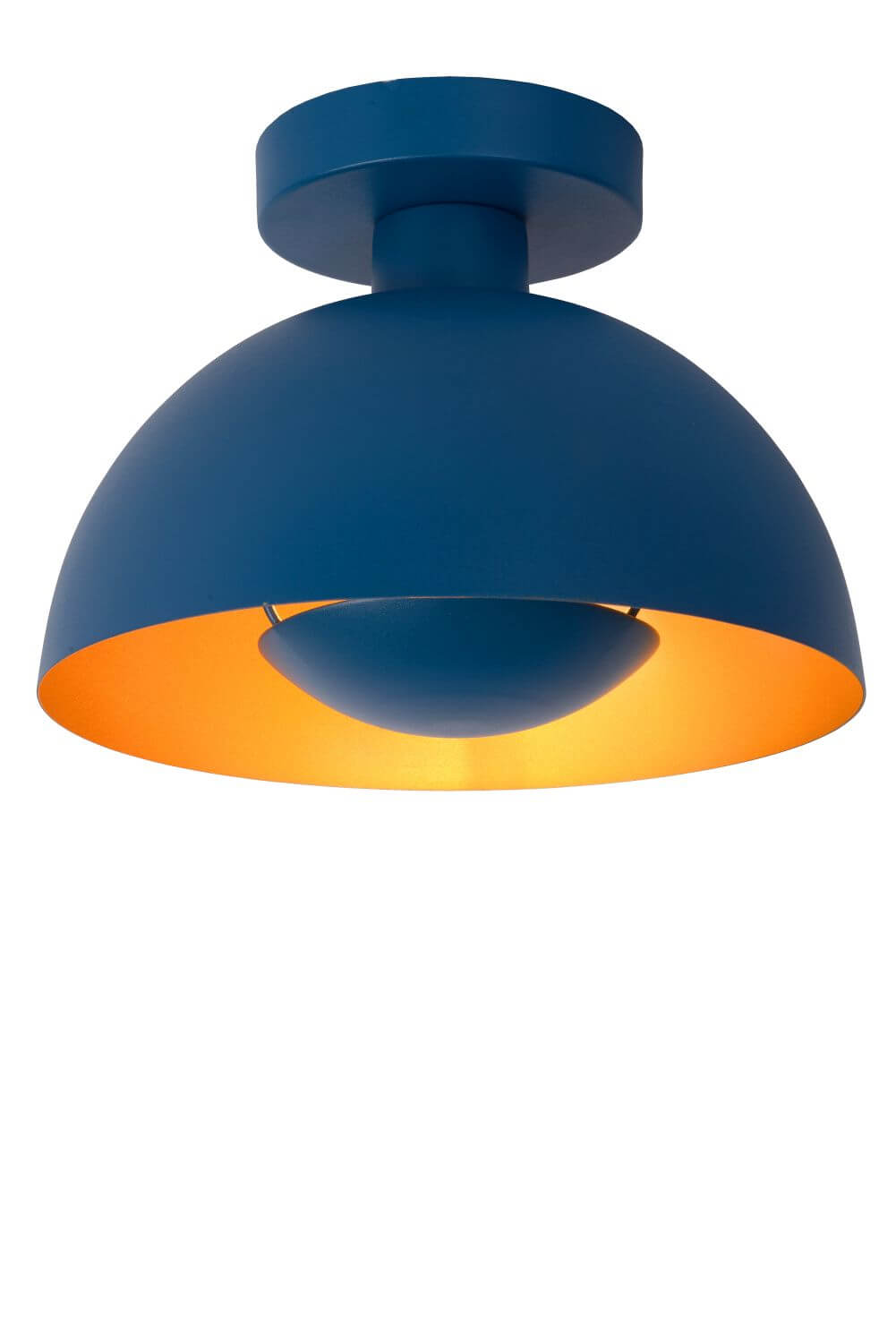 Plafonnier bleu de face sur fond blanc, abat-jour demi-sphérique et intérieur orange