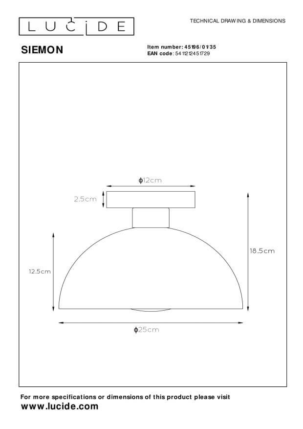 Schéma technique coté du plafonnier Siemon avec dimensions en centimètres
