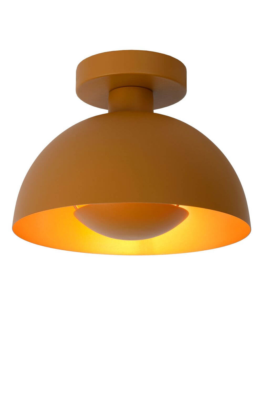 Plafonnier jaune de face sur fond blanc, abat-jour bombé et intérieur lumineux orange.