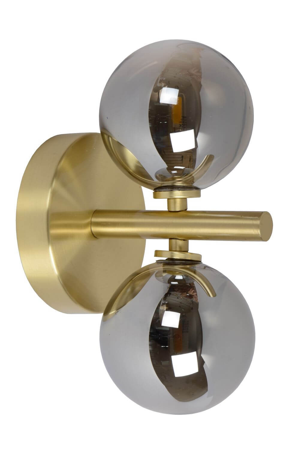 Détail de l'applique murale montrant les deux globes fumés et la finition dorée