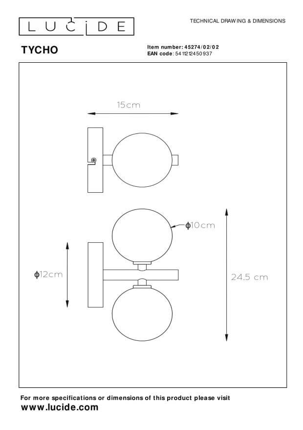 Schéma technique coté de l'applique murale avec dimensions et références produit