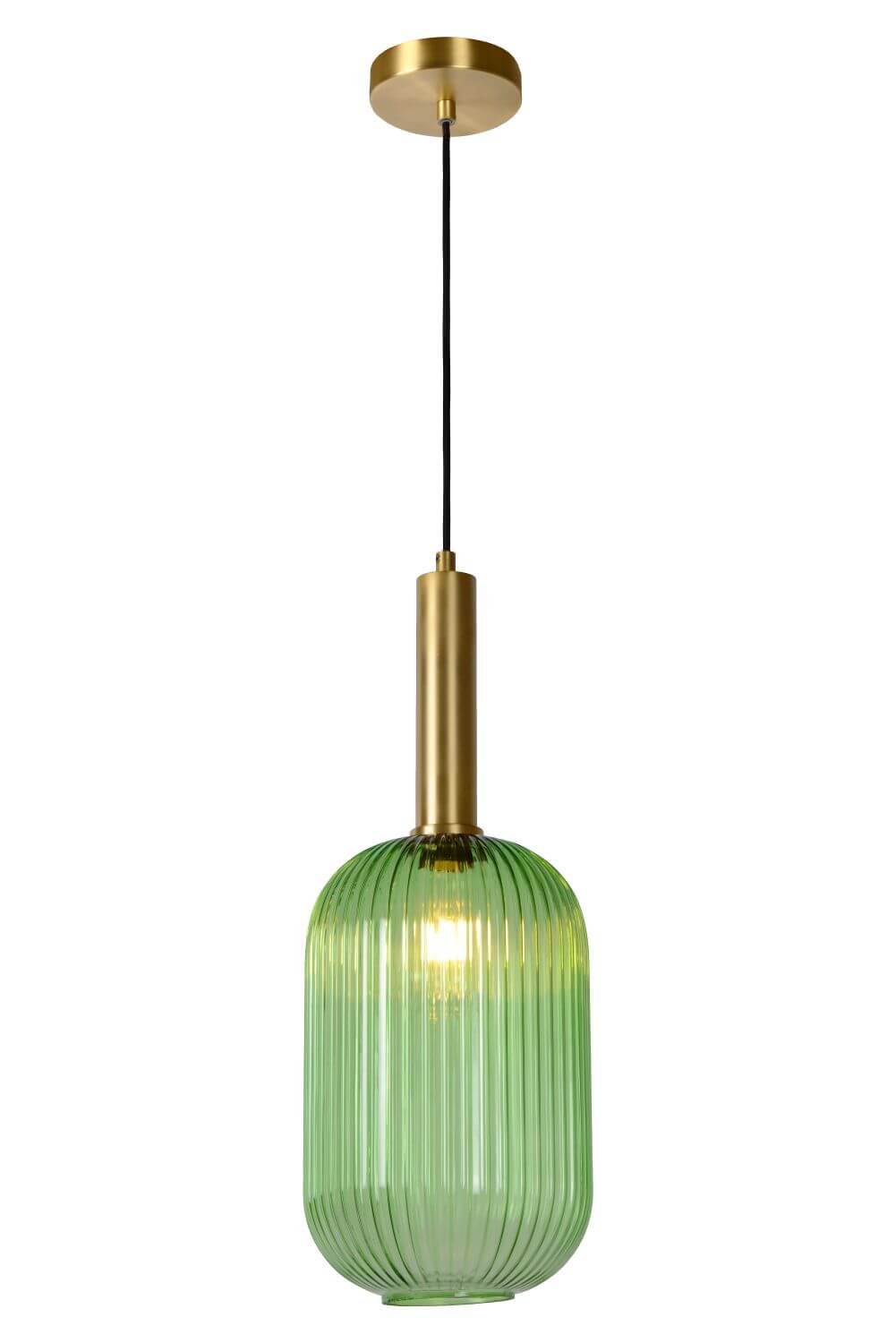 Produit sur fond blanc, vue de face : suspension verte en verre côtelé, douille dorée.