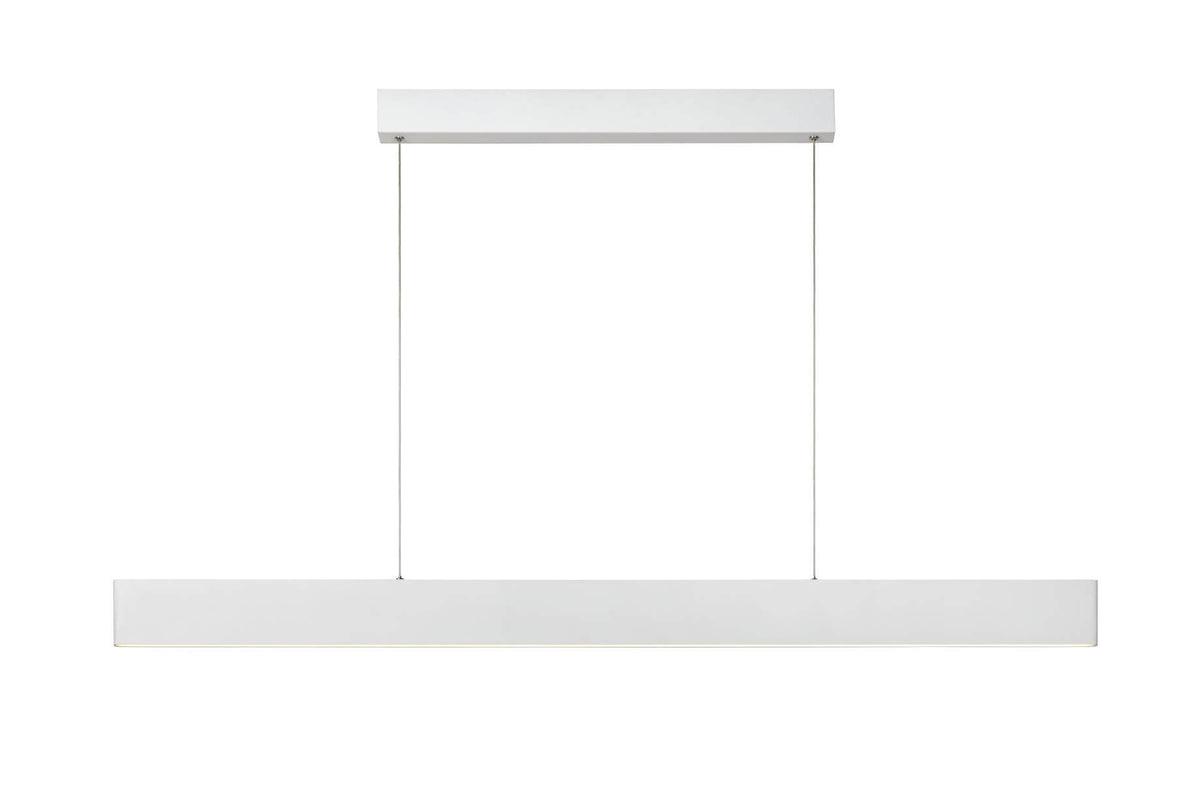 Vue de face du luminaire suspendu blanc avec deux câbles et fixation au plafond.