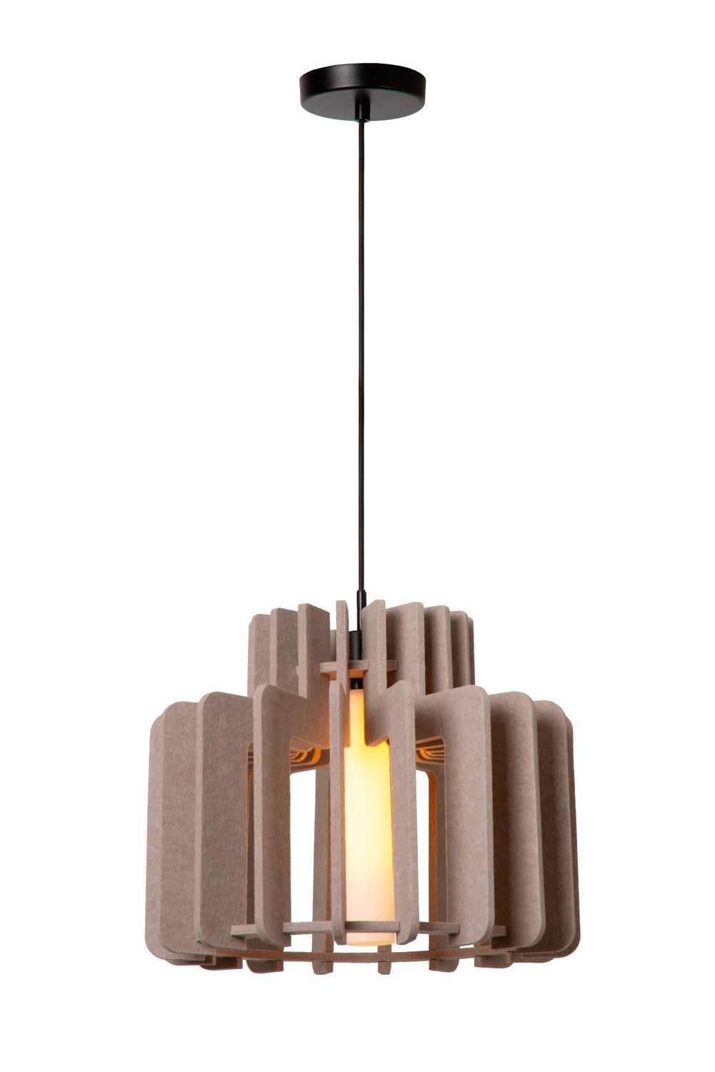 Suspension complète avec câble noir et rosace, éclairée sur fond blanc.