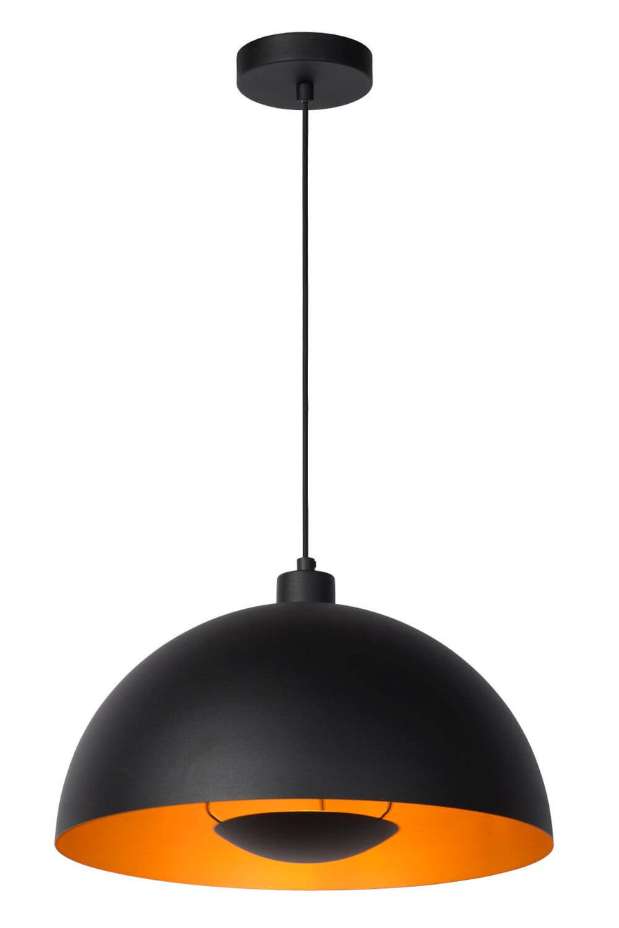 Vue de face du luminaire noir avec intérieur doré et câble de suspension