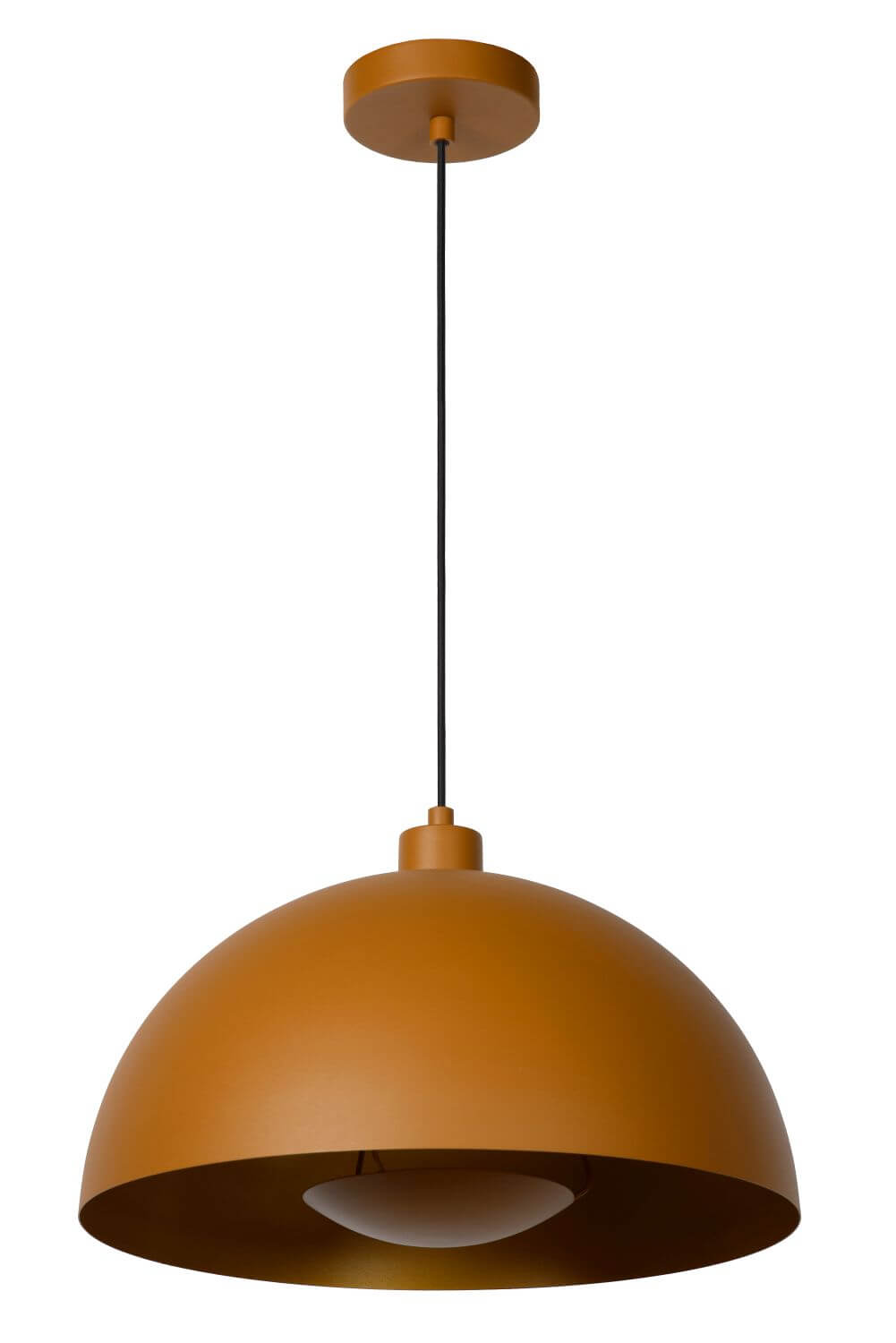 Luminaire vu de trois quarts, câble noir et douille assortie bien visibles.