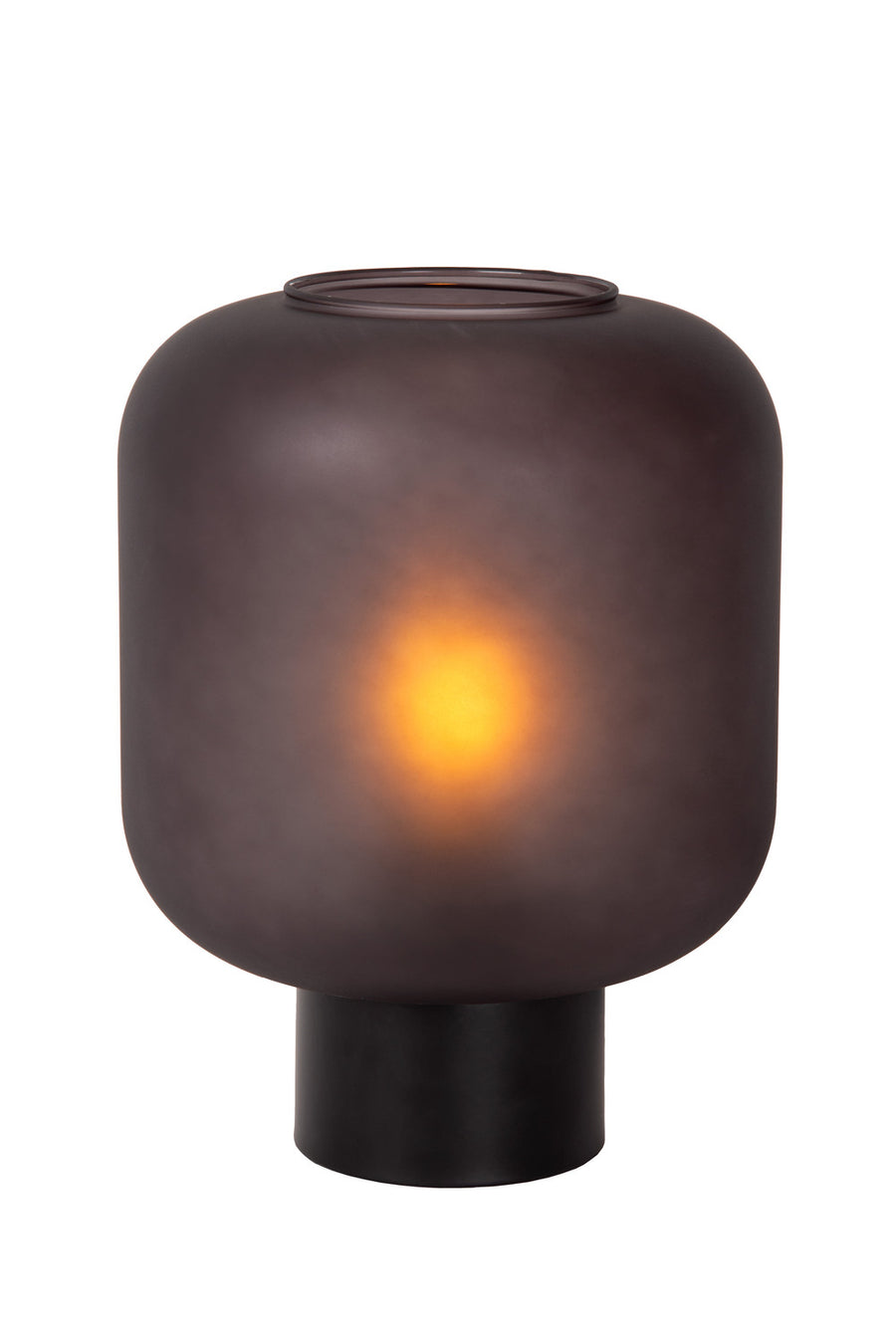 Vue de face de la lampe éteinte, socle cylindrique noir et abat-jour en verre