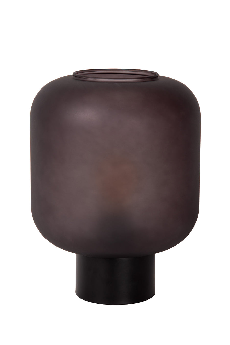 Vue produit de la lampe éteinte sur fond blanc, verre foncé et base noire