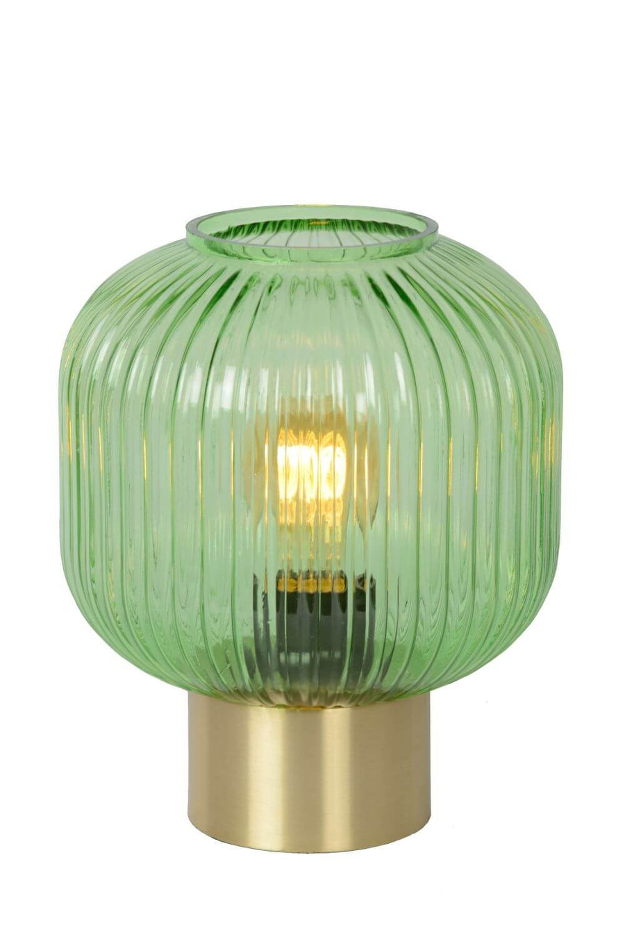 Vue de face sur fond blanc, ampoule allumée visible à travers le verre vert transparent