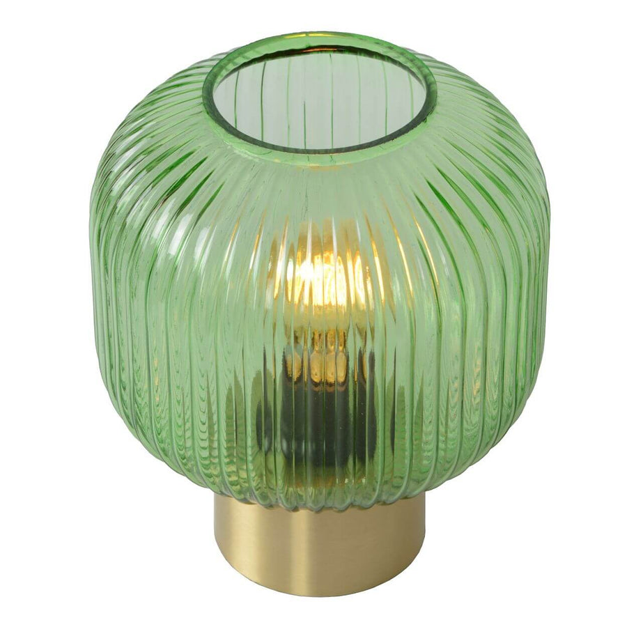 Produit détouré sur fond blanc, abat-jour en verre vert côtelé éteint, socle doré