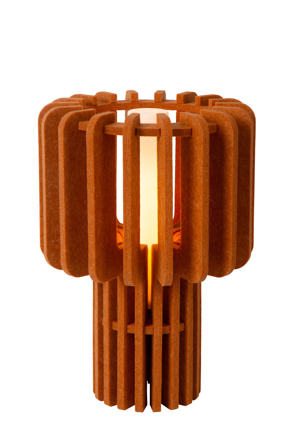 Produit seul sur fond blanc, lampe allumée montrant les lamelles verticales en bois
