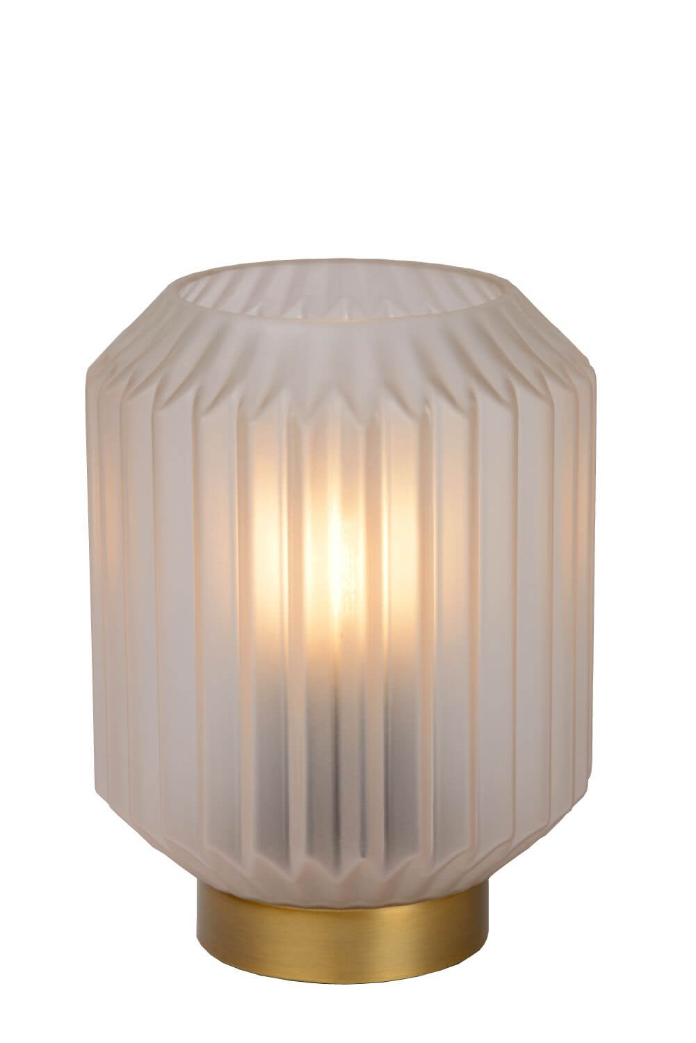 Lampe à poser éteinte, face avant, verre dépoli et socle doré sur fond blanc.