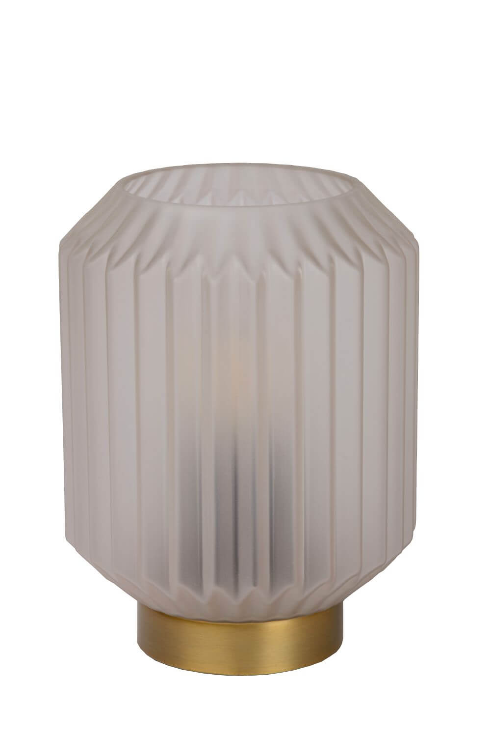 Détail du verre strié et de la base dorée de la lampe, éclairage éteint.