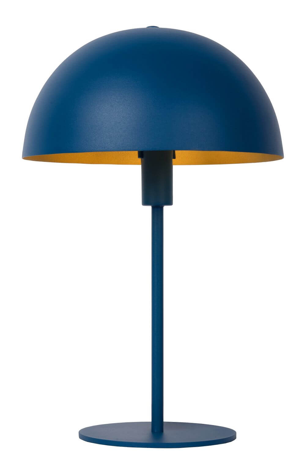 Lampe à poser bleu marine photographiée de face sur fond blanc, abat-jour dôme