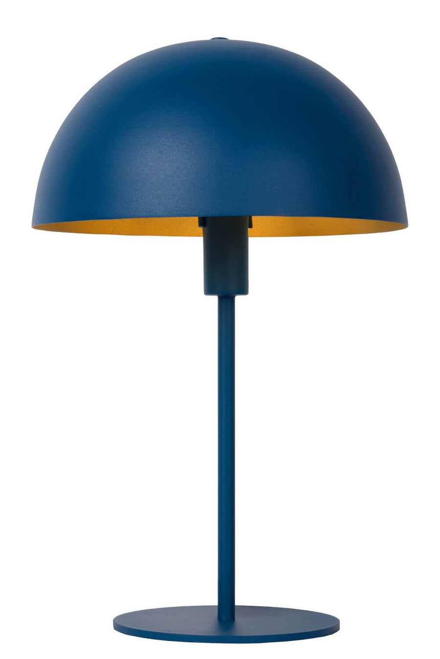 Lampe à poser bleu marine photographiée de face sur fond blanc, abat-jour dôme