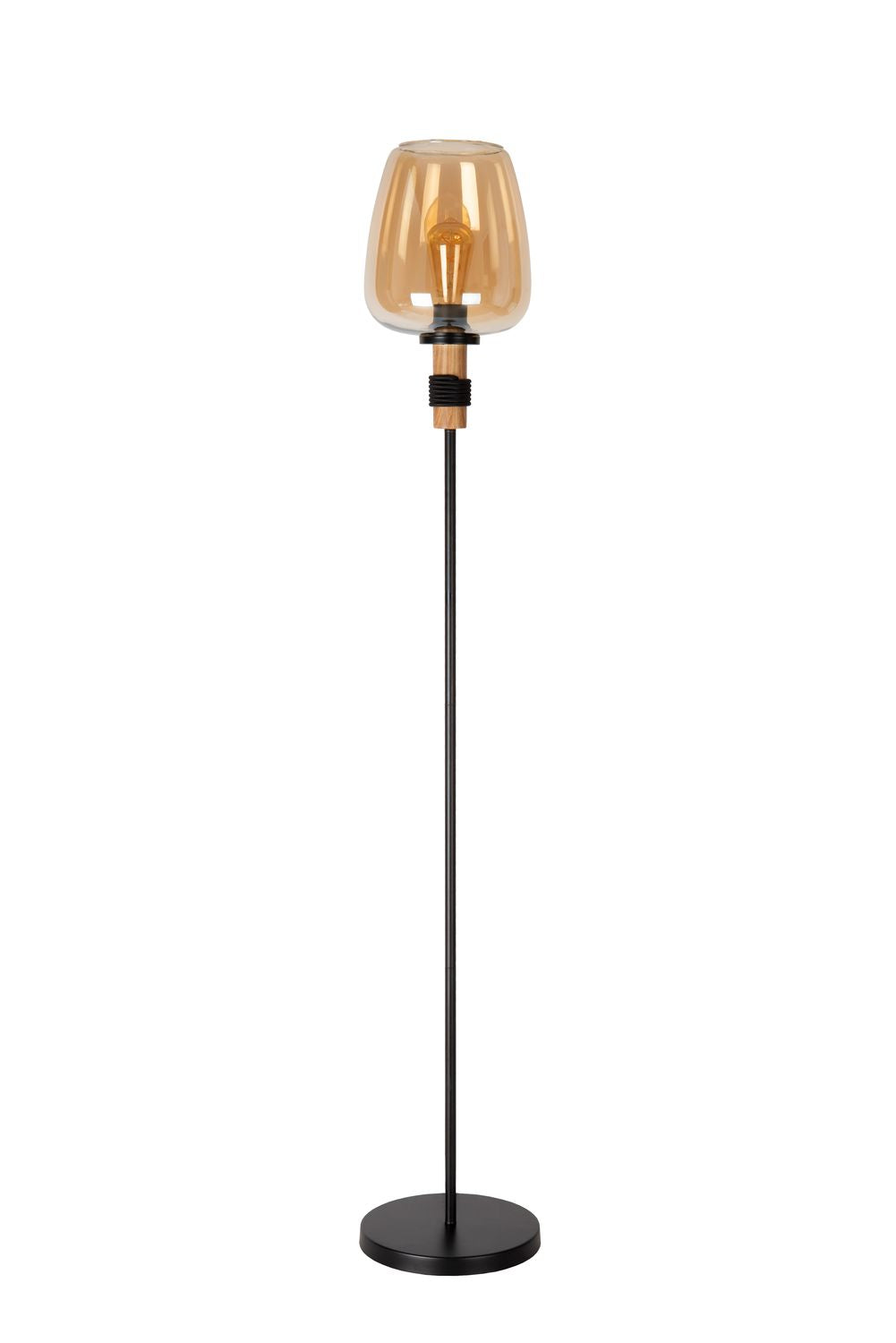 Lampadaire entier présenté de face, socle plat et diffuseur en verre