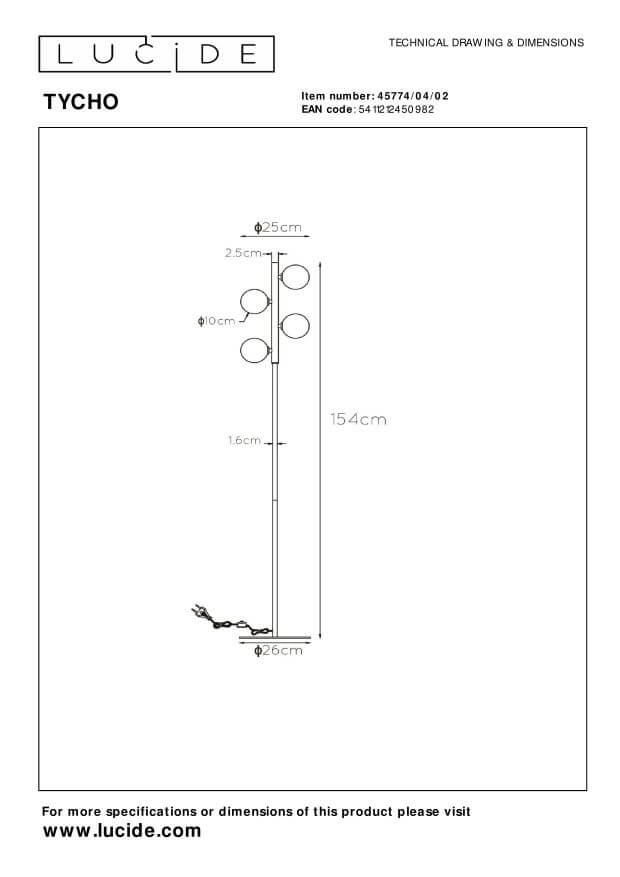 Lampadaire Tycho 4 lumières doré mat et fumé, verre