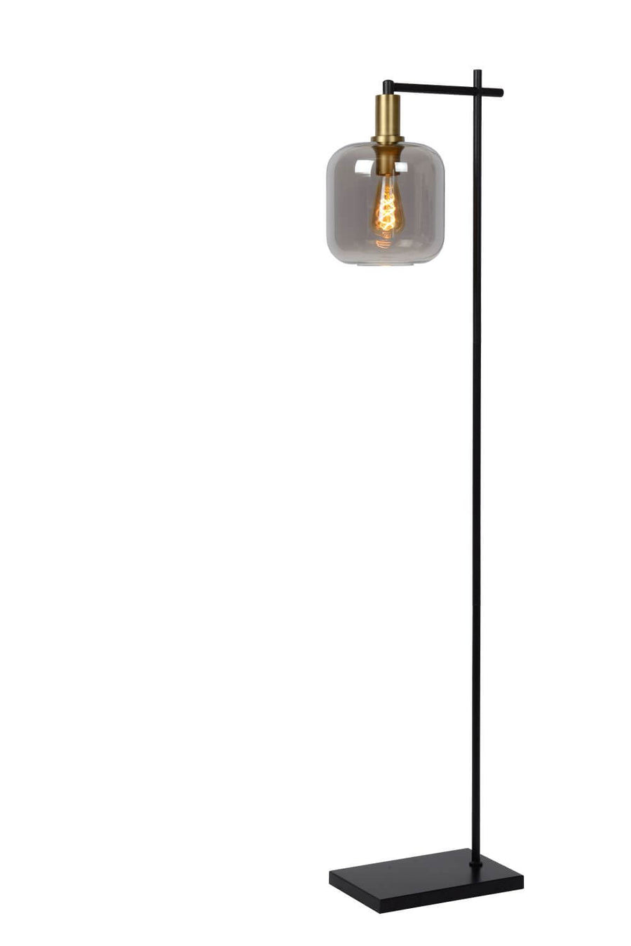 Lampadaire sur pied en métal noir, abat-jour cylindrique en verre fumé, isolé sur fond blanc.