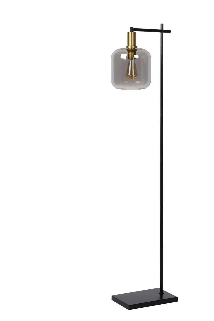 Vue de trois quarts du lampadaire, base rectangulaire noire, long bras horizontal et ampoule visible.