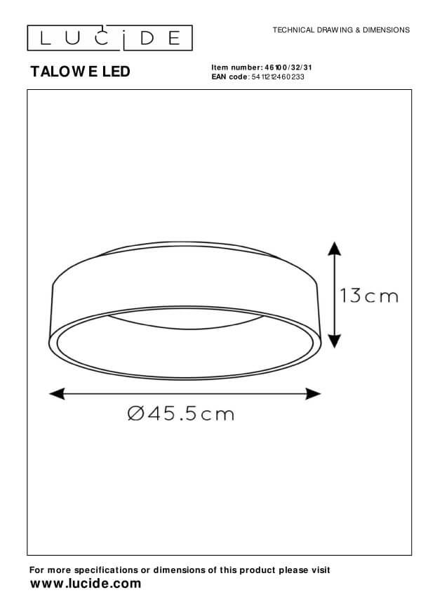 Schéma technique coté du plafonnier, diamètre 45,5 cm et hauteur 13 cm.