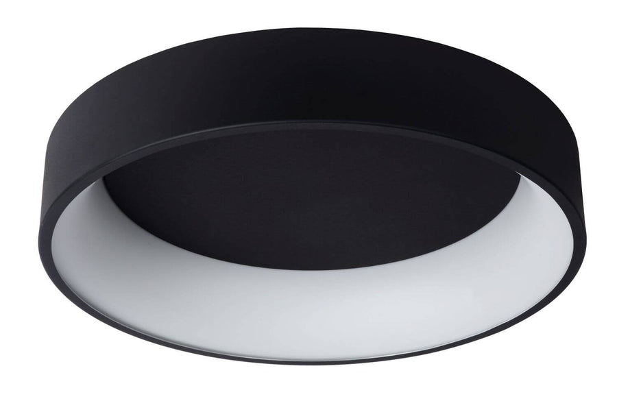 Plafonnier noir éteint, diffuseur blanc opaque, présenté sur fond blanc