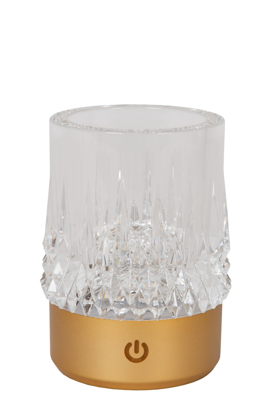 Produit seul éteint sur fond clair, détail du verre texturé et du bouton tactile.