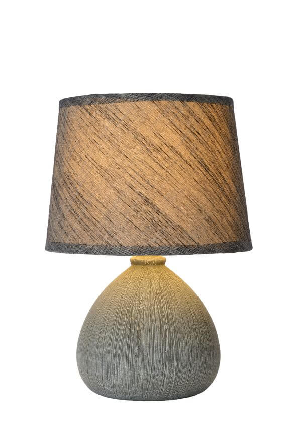 Photo produit sur fond blanc : abat-jour texturé et base arrondie, lampe allumée.