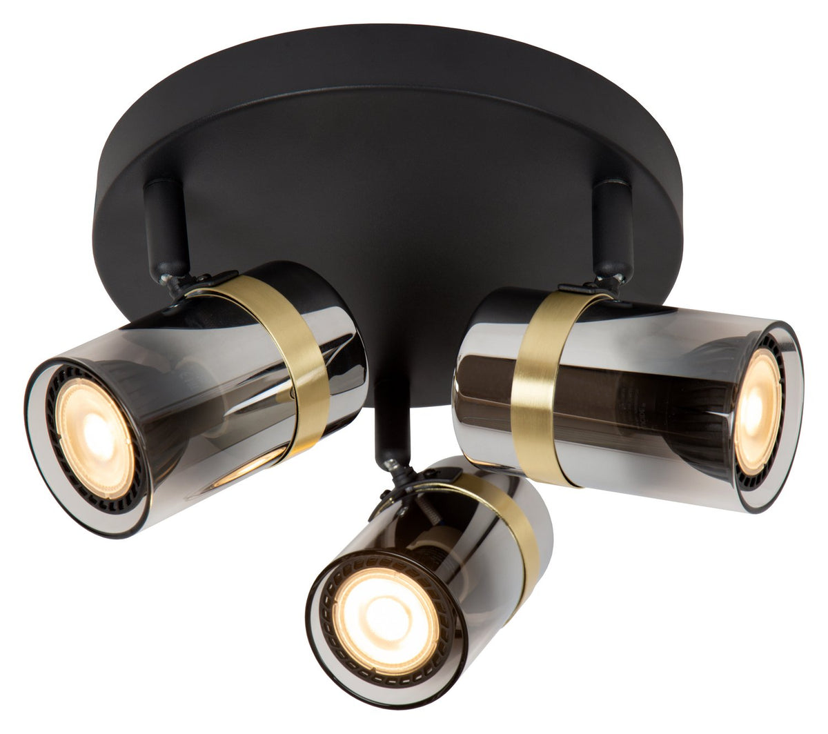 Luminaire plafond noir à trois spots cylindriques en verre fumé, cerclage doré et LED allumées.