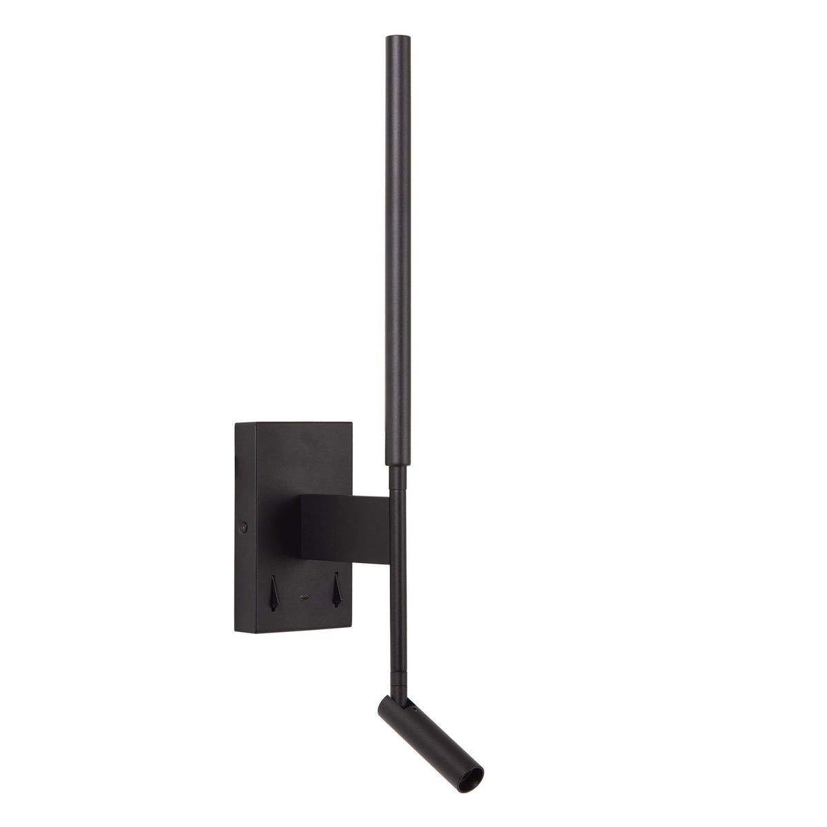 Luminaire mural noir éteint, diffuseur blanc vertical et base rectangulaire avec fixations visibles.