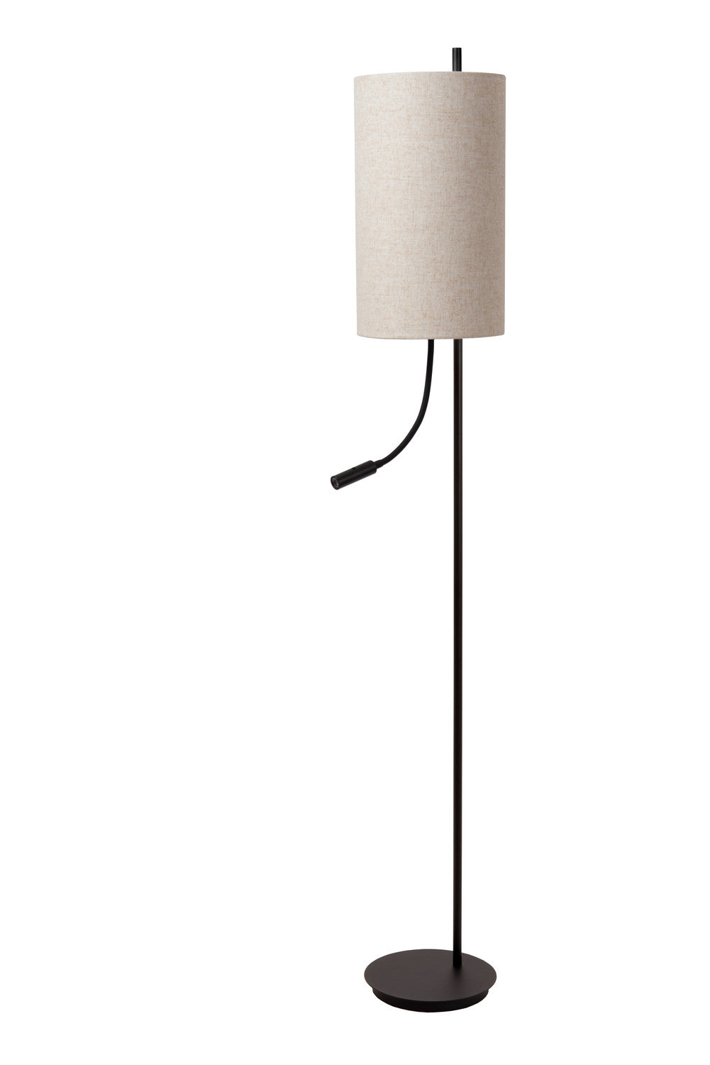 Lampadaire complet noir, abat-jour lin et liseuse orientable à hauteur réglable.