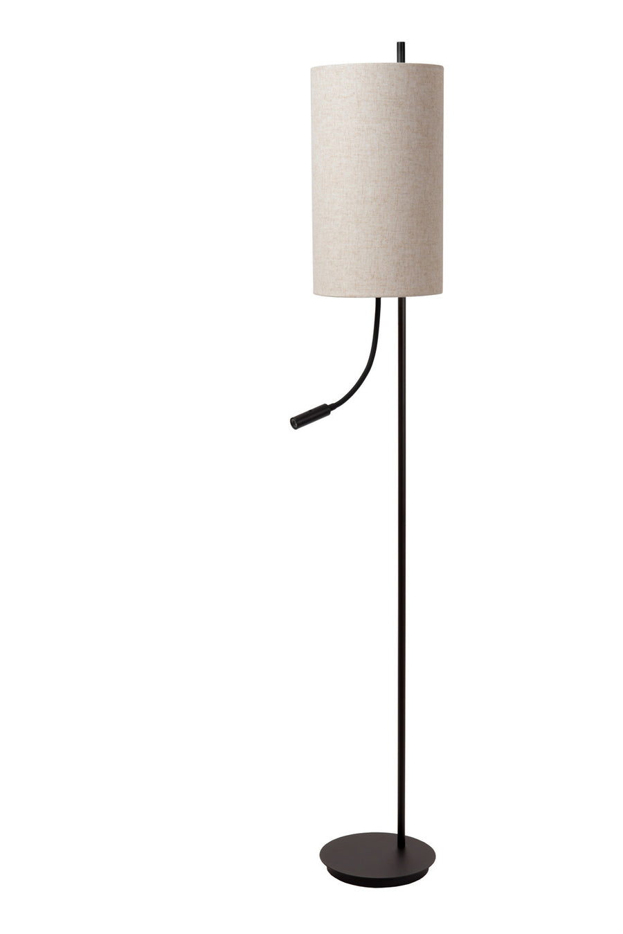 Lampadaire complet noir, abat-jour lin et liseuse orientable à hauteur réglable.