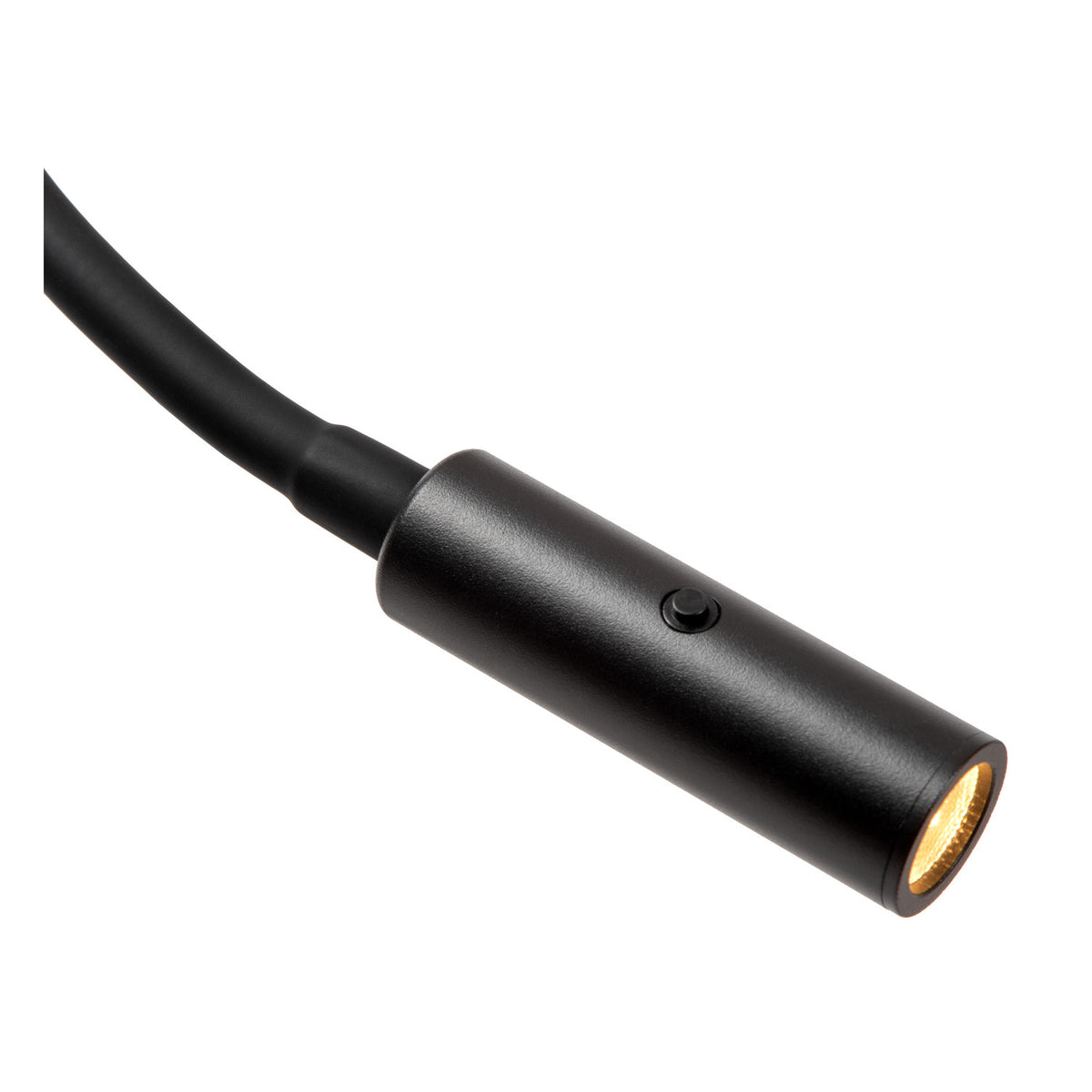 Détail de la tête de lecture noire avec interrupteur et lentille dorée.