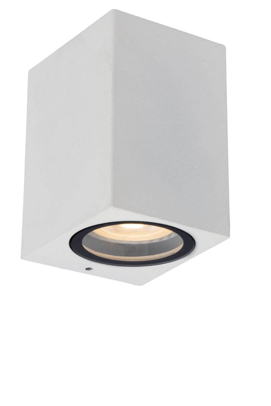 Vue de trois quarts du luminaire blanc, spot circulaire orienté vers le bas.