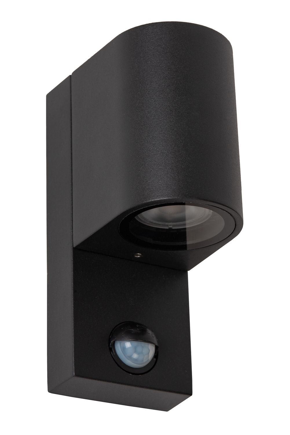 Vue de profil de l'applique noire, projecteur cylindrique et détecteur en bas.