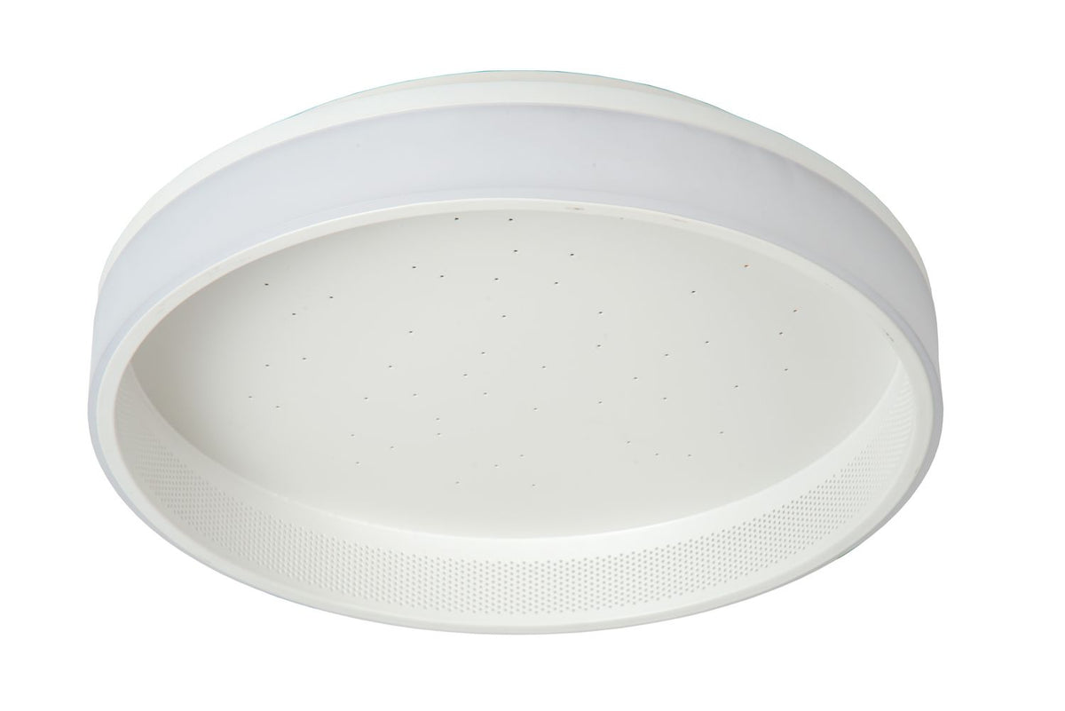 Vue en plongée légère du luminaire blanc éteint montrant le bord perforé