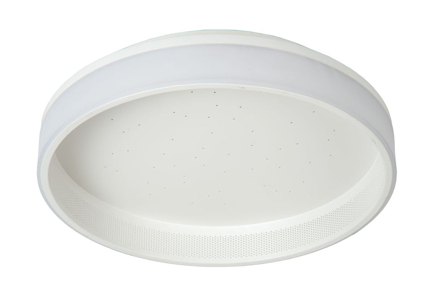 Vue en plongée légère du luminaire blanc éteint montrant le bord perforé