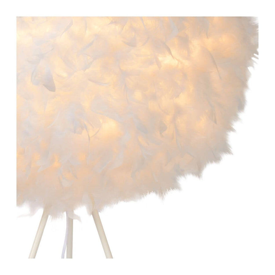 Gros plan sur l'abat-jour en plumes duveteuses et le sommet des tiges blanches.