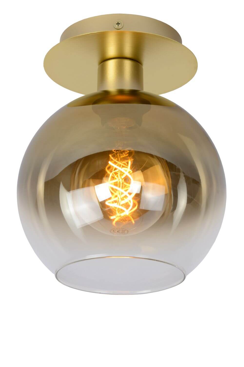 Photo produit sur fond blanc du plafonnier doré avec sa sphère en verre transparent