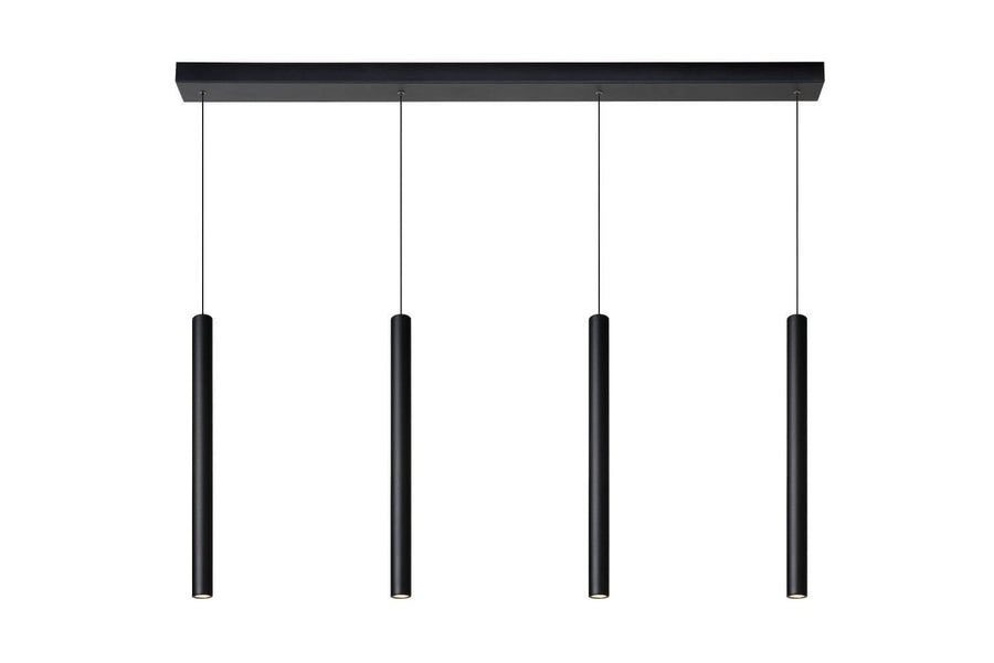 Vue de face sur fond blanc du luminaire noir à quatre cylindres suspendus