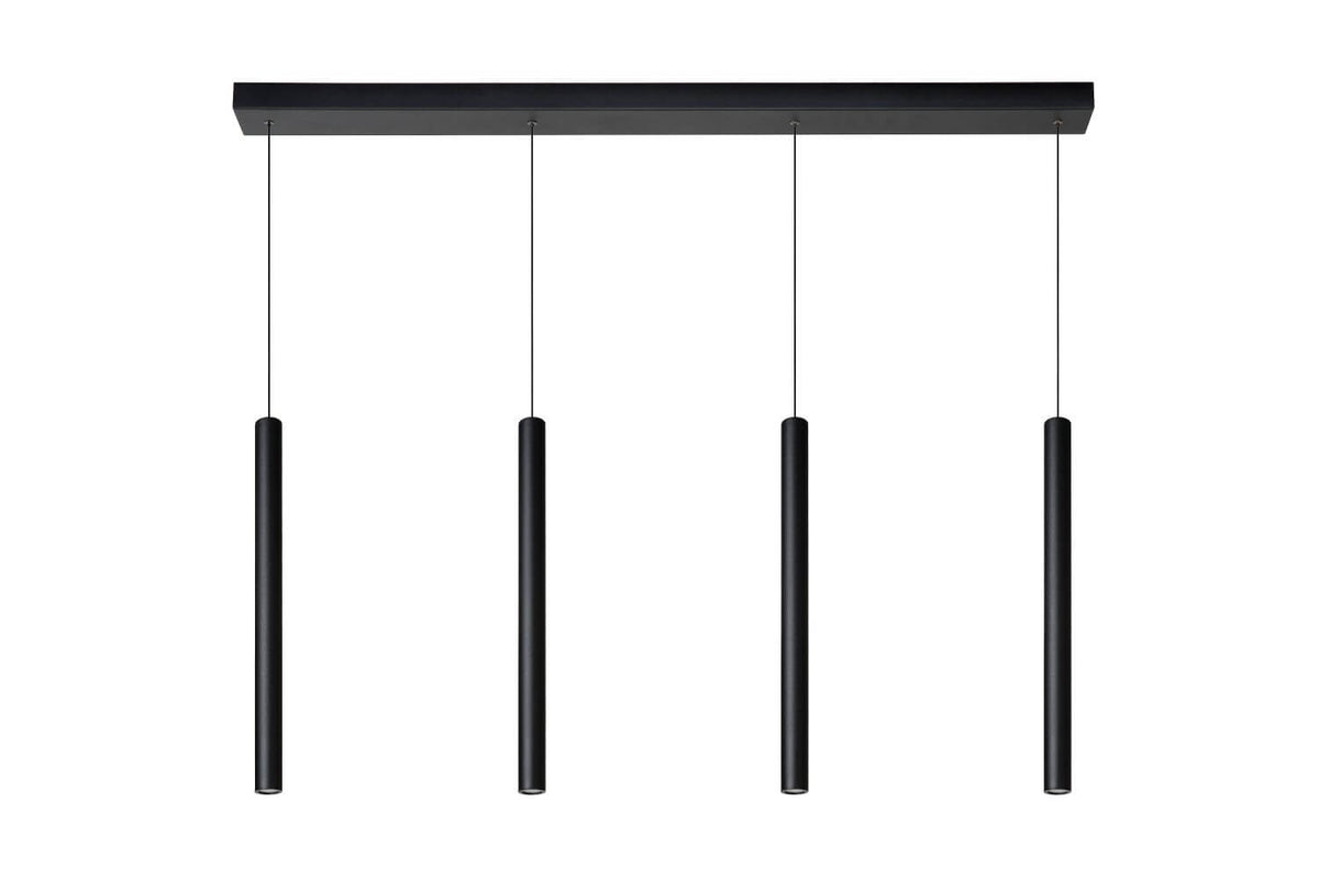 Présentation d'ensemble du plafonnier noir avec quatre tubes alignés sur fond blanc