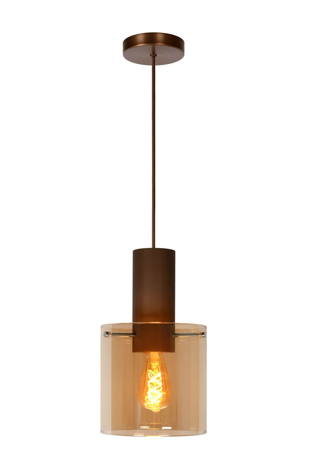 Vue de face du luminaire avec sa rosace, son câble et sa suspension complète
