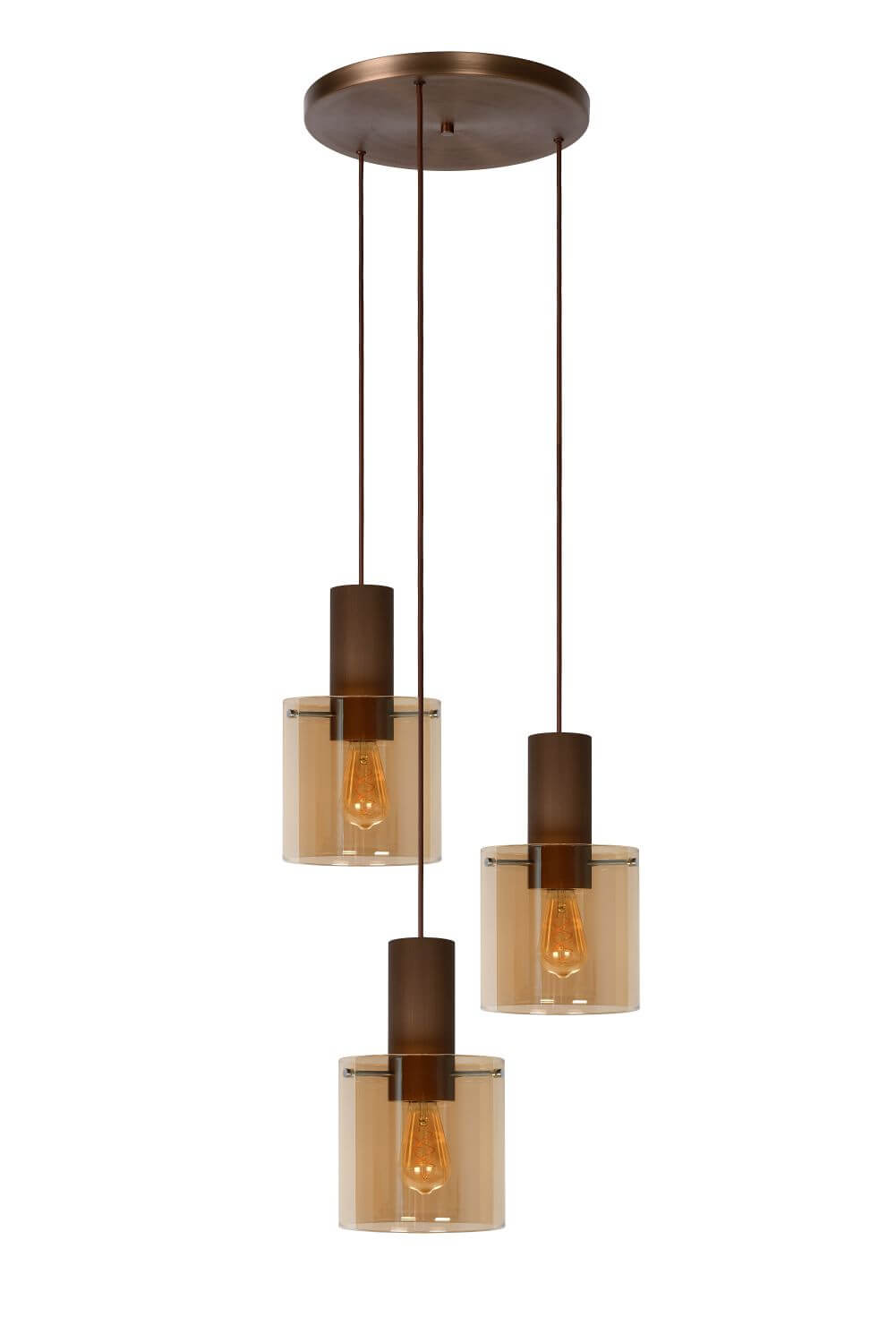 Vue d'ensemble du luminaire sur fond blanc, mettant en valeur les trois diffuseurs cylindriques.