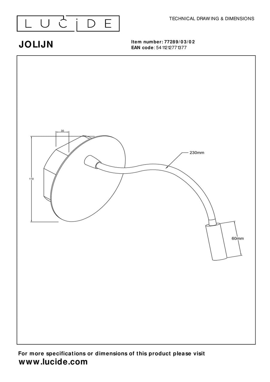 Schéma technique de l'applique murale avec dimensions du bras flexible et de la tête.