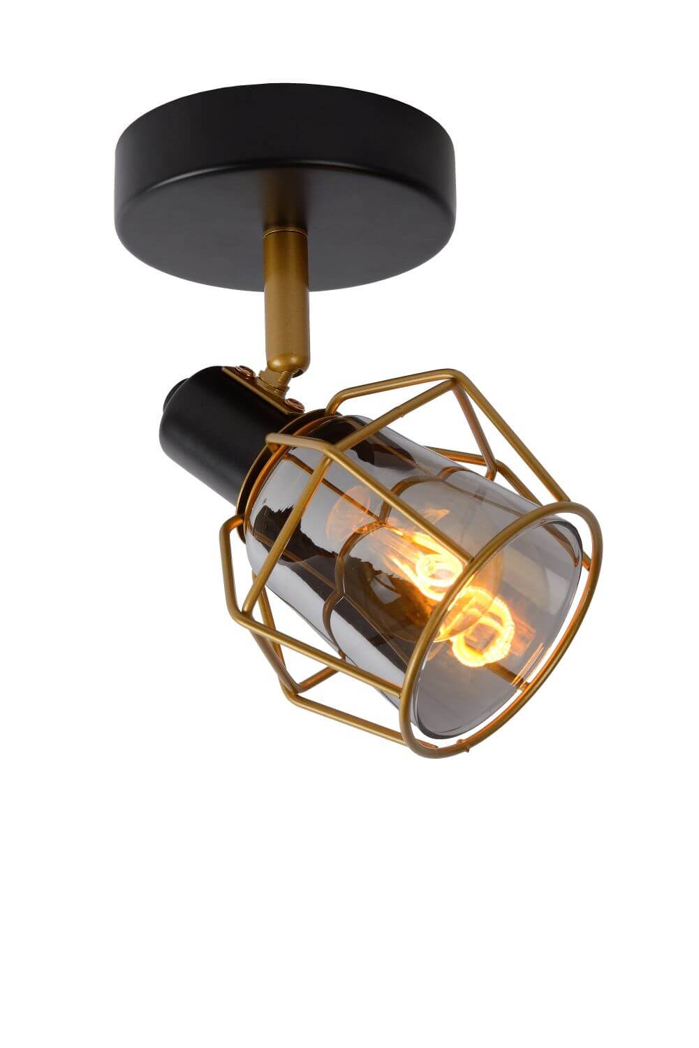 Vue de trois quarts du luminaire, cage dorée et verre fumé sur fond blanc.
