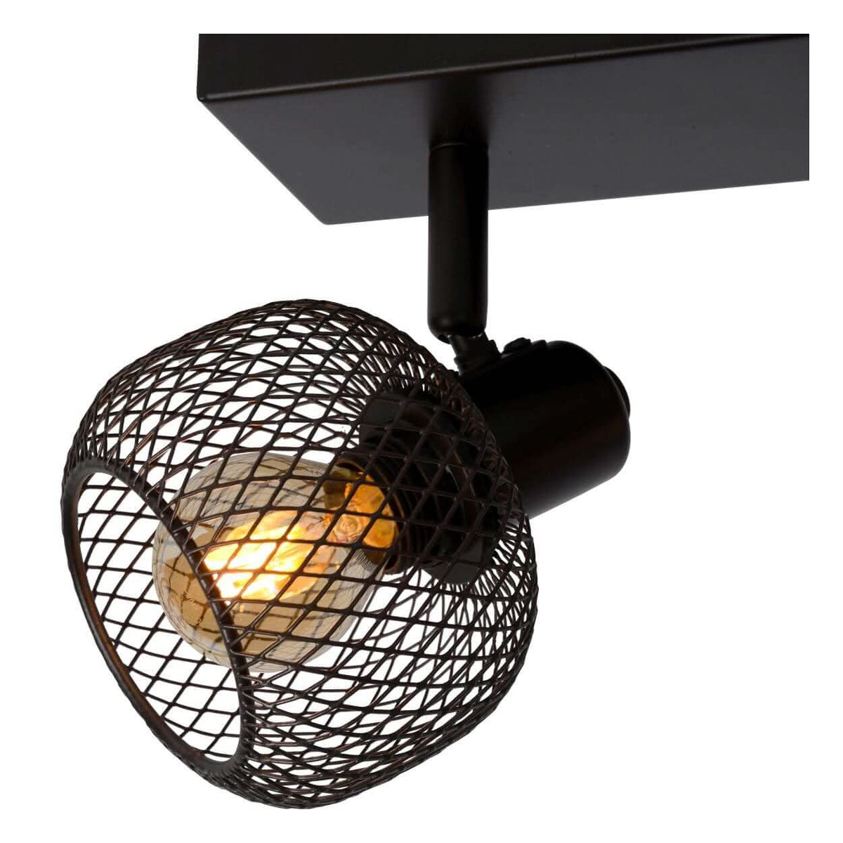 Gros plan sur une tête orientable, grille métallique et ampoule allumée