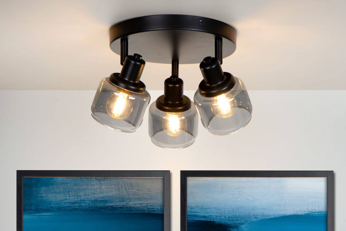 Plafonnier Bjorn 3 lumières noir et fumé, verre