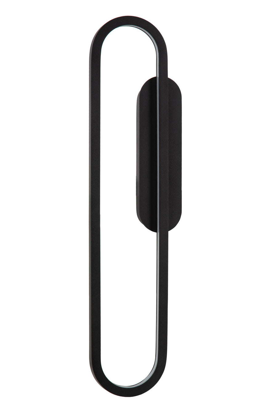 Vue de face sur fond blanc, luminaire éteint, contour ovale noir mat bien visible