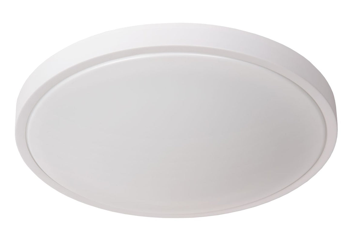 Plafonnier rond blanc éteint, face inférieure et contour visibles.
